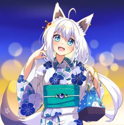 Rule 34 | 1girl, absurdres, ahoge, animal ear fluff, animal ears, bag, blurry, blurry background, blush, braid, commentary request, earrings, fox ears, fox girl, fox shadow puppet, fox tail, fubuzilla (shirakami fubuki), green eyes, hair between eyes, hair ornament, highres, holding, holding bag, hololive, japanese clothes, jewelry, kimono, long hair, looking at viewer, murasame (sword of nmkr), obi, open mouth, pentagram, pouch, resolution mismatch, sash, shirakami fubuki, sidelocks, simple background, single braid, solo, source smaller, tail, virtual youtuber, white hair, white kimono