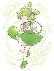 Rule 34 | 1girl, :3, absurdres, alternate costume, arms behind back, ascot, bloomers, blush, bow, closed mouth, commentary, enmaided, flat chest, frilled sleeves, frills, full body, green bow, green footwear, green hair, green skirt, heart, highres, long hair, looking at viewer, low ponytail, maid, maid headdress, medium bangs, pink ascot, pink bow, puffy short sleeves, puffy sleeves, shirt, shoes, short sleeves, skirt, smile, sneakers, socks, solo, standing, standing on one leg, star (symbol), suspender skirt, suspenders, tamotsu (mary), underwear, voicevox, white bloomers, white shirt, white socks, yellow eyes, zundamon