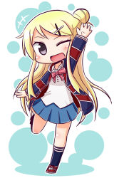 Rule 34 | 1girl, ;d, arm up, blonde hair, blue background, blue skirt, blue socks, blush, bow, chibi, collared shirt, colored shadow, commentary request, full body, grey eyes, hair bun, hair ornament, hairclip, jacket, kin-iro mosaic, kneehighs, kujou karen, long hair, looking at viewer, naga u, one eye closed, open clothes, open jacket, open mouth, pink bow, pleated skirt, print jacket, red footwear, shadow, shirt, shoes, skirt, smile, socks, solo, standing, standing on one leg, striped bow, two-tone background, union jack, union jack print, very long hair, white background, white shirt, x hair ornament