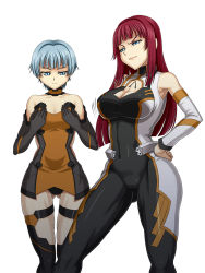 Rule 34 | 2girls, another century&#039;s episode, another century&#039;s episode: r, autumn four, autumn one, banpresto, blue eyes, blue hair, bodysuit, bouncing breasts, breast envy, breasts, character request, cleavage, cleavage cutout, clothing cutout, detached sleeves, hand on own hip, highres, hip focus, pussy, large breasts, multiple girls, pussy, red hair, smile, syunzou, thigh gap, wide hips