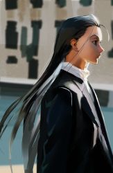 Rule 34 | 1boy, black eyes, black hair, black jacket, closed mouth, collared shirt, derivative work, et atr3, formal, from side, highres, hunter x hunter, illumi zoldyck, jacket, korean commentary, long hair, long sleeves, male focus, profile, shirt, solo, suit, white shirt
