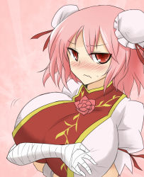 Rule 34 | 1girl, arrow (symbol), bandages, blush, breast hold, breasts, double bun, female focus, flower, huge breasts, ibaraki kasen, impossible clothes, large breasts, looking at viewer, oro (zetsubou girl), pink background, pink hair, red eyes, ribbon, rose, short hair, solo, sweat, touhou, upper body, wavy mouth
