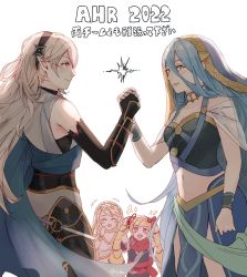 Rule 34 | 4girls, aqua hair, azura (fire emblem), bare shoulders, blonde hair, blush, closed eyes, closed mouth, corrin (female) (fire emblem), corrin (fire emblem), elise (fire emblem), fire emblem, fire emblem: path of radiance, fire emblem fates, fire emblem heroes, hair ornament, hair ribbon, hairband, highres, holding hands, jewelry, leanne (fire emblem), midriff, multicolored hair, multiple girls, navel, necklace, nintendo, official alternate costume, open mouth, pointy ears, purple eyes, purple hair, red eyes, ribbon, scarf, sobasakuhin, teeth, twitter username, upper teeth only, white background, white hair, yellow eyes
