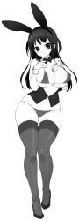 Rule 34 | 1girl, :&gt;, animal ears, areola slip, bad id, bad pixiv id, between breasts, black eyes, black hair, blush, bow, bowtie, breast suppress, breasts, bunny girl, cameltoe, carrot, cleavage, contrapposto, covered erect nipples, curvy, detached collar, eyebrows, fake animal ears, full body, greyscale, groin, head tilt, highres, large breasts, long hair, looking at viewer, mada (mk333), monochrome, navel, nipples, original, panties, perky breasts, rabbit ears, sidelocks, simple background, skindentation, solo, standing, strap gap, taut clothes, thick thighs, thigh gap, thighhighs, thighs, tsurime, two side up, underwear, white background, wide hips, wrist cuffs