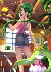 Rule 34 | 1girl, ^ ^, alternate color, ass, bare shoulders, blouse, blush, closed eyes, creatures (company), cup, dark-skinned female, dark skin, day, drinking glass, female focus, flower, from behind, game freak, gen 7 pokemon, green eyes, green hair, hair flower, hair ornament, highres, indoors, long hair, looking at viewer, looking back, low twintails, mallow (pokemon), nintendo, open mouth, overalls, pink shirt, pokemon, pokemon (creature), pokemon sm, shirt, short shorts, shorts, sleeveless, sleeveless shirt, smile, solo, steenee, swordsouls, trial captain, twintails