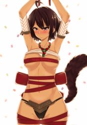 Rule 34 | 10s, 1girl, ahoge, armpits, arms up, bad id, bad pixiv id, bikini, bikini bottom only, blush, breasts, brown eyes, brown hair, clothes lift, confetti, covered erect nipples, cowboy shot, elbia hernaiman, english text, forscience, happy birthday, jewelry, large breasts, navel, necklace, outbreak company, purple mii, ribbon, shirt, shirt lift, short hair, solo, swimsuit, tail, wavy mouth, white background