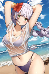 Rule 34 | 1girl, arms behind head, arms up, bad id, bad pixiv id, beach, bikini, black bikini, black hair, blue sky, blush, braid, breasts, broom, broom riding, cleavage, closed mouth, cloud, cloudy sky, commentary, cowboy shot, day, dutch angle, flower, green eyes, hair flower, hair ornament, head tilt, hibiscus, highres, light frown, long hair, looking at viewer, low twintails, medium breasts, navel, no pants, ocean, original, outdoors, red flower, see-through, shirt, short sleeves, silver hair, skindentation, sky, solo, standing, string bikini, sweat, swimsuit, t-shirt, tied shirt, twin braids, twintails, wanimaru, witch