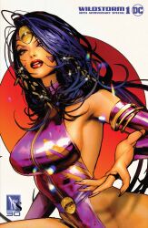 Rule 34 | 1girl, absurdres, armpits, breasts, comic cover, fingernails, highres, leotard, long fingernails, long hair, looking at viewer, official art, parted lips, purple hair, purple leotard, solo, sozomaika, superhero costume, voodoo (wildc.a.t.s), wildc.a.t.s, wildstorm