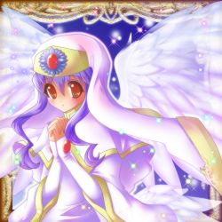 Rule 34 | 1girl, battle spirits, brown eyes, character request, hayabusa koi, hood, interlocked fingers, looking at viewer, outside border, own hands clasped, own hands together, parted lips, purple hair, solo, sparkle, white wings, wings