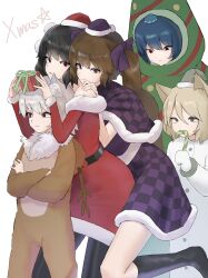 5girls animal_costume black_capelet black_dress black_hair black_pantyhose black_socks blonde_hair blue_hair brown_eyes brown_hair capelet christmas christmas_tree_costume coat commentary_request crossed_arms dress fur-trimmed_capelet fur-trimmed_dress fur_trim grey_hair hat highres himekaidou_hatate iizunamaru_megumu inubashiri_momiji kneehighs kudamaki_tsukasa long_coat mori_dobonua_(mordvna) multiple_girls pantyhose purple_capelet purple_dress red_dress red_eyes reindeer_costume santa_costume santa_hat shameimaru_aya socks tokin_hat touhou white_coat white_hair