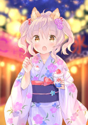 Rule 34 | :o, ahoge, alternate costume, alternate hairstyle, animal ear fluff, animal ears, blue flower, blurry, blurry background, blush, bow, brown eyes, commentary request, cup, depth of field, disposable cup, fang, floral print, flower, food, hair between eyes, hair bow, hair flower, hair ornament, holding, holding cup, holding spoon, japanese clothes, kimono, looking at viewer, night, obi, open mouth, original, outdoors, pink hair, print kimono, purple flower, purple kimono, red bow, sash, shaved ice, solo, spoon, twintails, wataame27, wolf-chan (wataame27), wolf ears