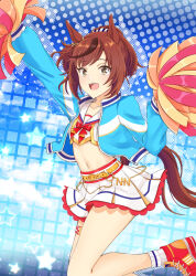 Rule 34 | 1girl, arm up, belly chain, belt, blue background, blue jacket, brown eyes, brown hair, cheerleader, crop top, cropped shirt, cross-laced footwear, frilled skirt, frills, highres, holding, holding pom poms, jacket, jewelry, kuon kimi, leg up, light particles, medium hair, miniskirt, neck ribbon, nice nature (run&amp;win) (umamusume), official alternate costume, open clothes, open jacket, open mouth, pleated skirt, pom pom (cheerleading), pom poms, ponytail, red footwear, red ribbon, ribbon, sailor collar, shirt, shoes, skirt, smile, socks, solo, sparkle, standing, standing on one leg, star (symbol), thigh strap, track jacket, umamusume, white sailor collar, white shirt, white skirt, white socks, yellow belt