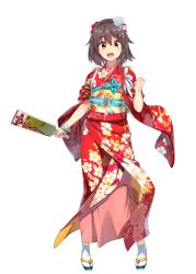 Rule 34 | 1girl, akari sonozaki, bracelet, brown hair, clenched hand, escalation heroines, floral print, flower, full body, hair flower, hair ornament, holding, holding paddle, japanese clothes, jewelry, kimono, long sleeves, looking at viewer, obi, official art, open mouth, paddle, sandals, sash, short hair, simple background, solo, standing, tabi, white background, wide sleeves, yellow eyes