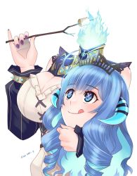 Rule 34 | 1girl, artist name, blue eyes, blue fire, breasts, cleavage, disembodied head, fire, food, highres, holding head, horns, kivo, long hair, marshmallow, nail polish, prism project, purple nails, rikudou yura, roasting, solo, stick, tiara, tongue, tongue out, virtual youtuber, white background