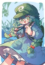 Rule 34 | 1girl, :d, backpack, bag, bloomers, blue shirt, blue skirt, braid, cabbie hat, commentary request, feet out of frame, fish, glasses, green bag, green eyes, green hair, green hat, hair bobbles, hair ornament, hat, highres, kappa mob (touhou), long hair, long sleeves, looking at viewer, mame komari, open mouth, outdoors, pond, round eyewear, shirt, skirt, smile, solo, touhou, twin braids, twitter username, undershirt, underwear, very long hair