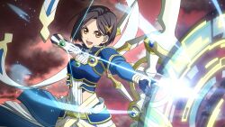 Rule 34 | 1girl, armor, arrow (projectile), artist request, bandai, black hair, blue armor, bow (weapon), brown eyes, gloves, hair ornament, official alternate costume, official art, rinwell (tales), short hair, solo, tales of (series), tales of the rays, weapon, white gloves