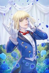 Rule 34 | 1boy, blonde hair, blue flower, blue pants, blue suit, dated, flower, gloves, green eyes, hand on own cheek, hand on own face, hand up, highres, male focus, pants, rook hunt, sagachin0124, smile, solo, standing, suit, twisted wonderland, vest, white gloves
