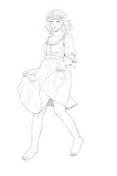 Rule 34 | 1girl, absurdres, barefoot, commentary, dress, dungeon meshi, english commentary, falin touden, falin touden (tallman), floating hair, frills, full body, happy, highres, looking at viewer, mixed-language commentary, monochrome, parted lips, short hair, simple background, skirt hold, sleeves past elbows, smile, solo, standing, tsy, unusually open eyes