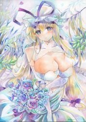 Rule 34 | 1girl, absurdres, acrylic paint (medium), blonde hair, blue eyes, bouquet, breasts, closed mouth, commentary request, dress, flower, hat, hat ribbon, highres, holding, holding bouquet, large breasts, looking at viewer, marker (medium), mob cap, painting (medium), ribbon, smile, solo, torajirou (toraneko zirou), touhou, traditional media, wedding dress, white dress, white hat, yakumo yukari