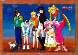 Rule 34 | 1990s (style), 6+girls, aino minako, animal, artemis (sailor moon), bishoujo senshi sailor moon, bishoujo senshi sailor moon supers, black cat, black eyes, black footwear, blue eyes, boots, border, bow, casual, cat, chibi usa, cone hair bun, diana (sailor moon), double bun, earrings, green eyes, hair bobbles, hair bow, hair bun, hair ornament, hand in pocket, hand on own hip, high ponytail, highres, hino rei, holding, holding animal, hunched over, jacket, jewelry, kino makoto, knee boots, loafers, logo, long hair, long skirt, looking at viewer, luna (sailor moon), miniskirt, mittens, mizuno ami, multiple girls, no socks, non-web source, official art, one eye closed, open mouth, orange scarf, parted bangs, pink footwear, red eyes, red footwear, red scarf, retro artstyle, sailor moon, scarf, shoes, short hair, skirt, smile, sneakers, snowflakes, standing, stud earrings, tadano kazuko, tsukino usagi, twintails, very long hair, waving, white cat