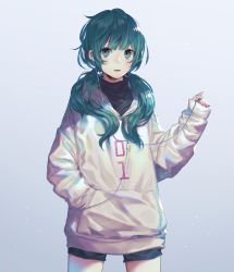 Rule 34 | 1girl, black shirt, black shorts, cowboy shot, earphones, green eyes, green hair, hand in pocket, hatsune miku, highres, holding, holding earphones, jacket, long hair, looking at viewer, open mouth, shirt, short shorts, shorts, simple background, solo, standing, twintails, vocaloid, white background, white jacket