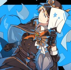 Rule 34 | 1boy, absurdres, belt, blonde hair, blue background, brown belt, brown cape, brown gloves, brown hat, brown jacket, cabbie hat, cape, closed mouth, dutch angle, gloves, hat, highres, holding, holding paper, hoshi-toge, jacket, long sleeves, looking at viewer, male focus, paper, project sekai, revival my dream (project sekai), solo, tenma tsukasa, yellow eyes
