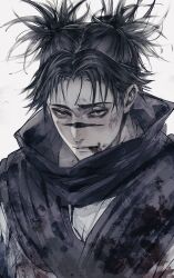 Rule 34 | 1boy, black hair, blood, blood on clothes, blood on face, choso (jujutsu kaisen), closed mouth, facial tattoo, highres, ho9 999, jujutsu kaisen, looking at viewer, male focus, robe, short hair, simple background, solo, tattoo, white background, white robe