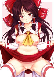 Rule 34 | 1girl, ascot, bow, breasts, brown hair, cleft of venus, clothes lift, detached sleeves, ebi 193, hair bow, hair tubes, hakurei reimu, large breasts, long hair, looking at viewer, navel, nipples, no bra, no panties, pussy, red eyes, skirt, skirt lift, smile, solo, thighhighs, touhou, uncensored, white thighhighs