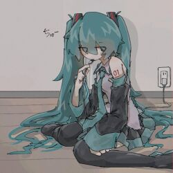 Rule 34 | 1girl, aqua eyes, aqua hair, aqua necktie, black footwear, black skirt, black sleeves, blush, boots, charging device, collared shirt, commentary request, detached sleeves, electrical outlet, eyes visible through hair, foot out of frame, hair between eyes, hatsune miku, indoors, kiss, long hair, long sleeves, miniskirt, myon x, necktie, number tattoo, on floor, pleated skirt, shirt, shoulder tattoo, sidelocks, sitting, skirt, sleeveless, sleeveless shirt, solo, tattoo, thigh boots, translated, twintails, usb, very long hair, vocaloid, wariza, white shirt