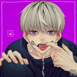 Rule 34 | 1boy, absurdres, border, dated, facial mark, finger in own mouth, fingernails, food, grey hair, hair between eyes, highres, inumaki toge, jujutsu kaisen, looking at viewer, male focus, onigiri, open mouth, purple background, purple eyes, signature, simple background, solo, speech bubble, tattoo, teeth, tongue, tongue out, tongue tattoo, veins, yokaze (xxxdisxxx), zipper, zipper pull tab