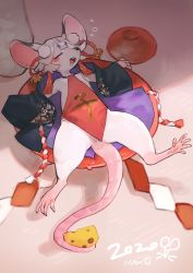Rule 34 | 1girl, 2020, :3, animal ears, animal hands, artist name, bare shoulders, barefoot, bebebe, bell, black kimono, blunt bangs, blush, buck teeth, cheese, closed eyes, clothes writing, cup, dress, drooling, drunk, facial mark, female focus, flat chest, floral print, food, full body, furry, furry female, grey hair, hair ornament, happy, highres, japanese clothes, japanese text, jingle bell, kimono, long sleeves, lying, mini person, minigirl, mouse ears, mouse tail, multicolored hair, no panties, on back, open clothes, open kimono, open mouth, original, pawpads, red dress, red hair, rope, sakazuki, saliva, shimenawa, short hair, signature, sleeping, sleeveless, sleeveless dress, smile, solo, spread legs, streaked hair, tail, teeth, translation request, two-tone hair, yunomi