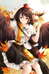 Rule 34 | 1girl, absurdres, arm up, autumn leaves, belt, black belt, black hair, black ribbon, black skirt, black wings, blush, breasts, cowboy shot, feathered wings, feet out of frame, hair between eyes, hand fan, hat, highres, holding, holding fan, leaf, leaf print, looking at viewer, maple leaf, medium breasts, neck ribbon, orchid (orukido), petticoat, pom pom (clothes), puffy short sleeves, puffy sleeves, red eyes, ribbon, shameimaru aya, shirt, short hair, short sleeves, skirt, smile, solo, tassel, tokin hat, touhou, white shirt, wings