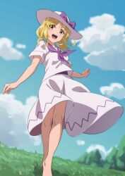 Rule 34 | 1girl, barefoot, blonde hair, blush, bow, day, grass, gyouza (mhea5724), hat, hat bow, highres, louise (touhou), medium hair, neckerchief, open mouth, outdoors, purple bow, purple neckerchief, purple sailor collar, sailor collar, short sleeves, skirt, smile, solo, standing, touhou, touhou (pc-98), white hat, white skirt, yellow eyes