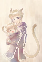 Rule 34 | 00s, 2girls, animal ears, bad id, bad pixiv id, blush, brown hair, cat ears, cat girl, cat tail, child, final fantasy, final fantasy xi, hair tubes, happy, holding, looking at viewer, mithra (ff11), mother and daughter, multiple girls, naruse chisato, outstretched arms, purple eyes, short hair, sketch, smile, tail