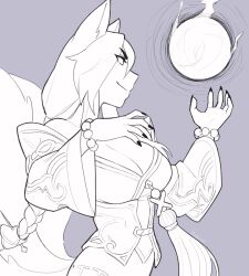 Rule 34 | 1girl, ahri (league of legends), ball, bare shoulders, bead bracelet, beads, bracelet, braid, breasts, cleavage, closed mouth, cowboy shot, detached sleeves, female focus, fingernails, from side, grey background, greyscale, highres, jewelry, large breasts, league of legends, long hair, magic, monochrome, nail polish, profile, rob ishi, sharp fingernails, solo