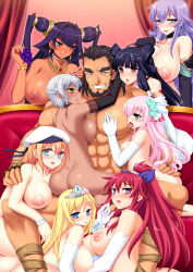 Rule 34 | 1boy, 6+girls, abs, age difference, all fours, ass, back, beard, black hair, blonde hair, blue eyes, blush, breast press, breasts, clenched teeth, dark skin, detached sleeves, elbow gloves, everyone, eyebrows, facial hair, food, fruit, garuda (nanahime collection), glasses, gloves, grapes, green eyes, hair ornament, hair ribbon, hairband, harem, hat, heterochromia, highres, hug, huge breasts, jewelry, kneeling, large breasts, long hair, long twintails, looking at viewer, looking back, mana (nanahime collection), manly, multiple girls, muscular, nanahime collection, nipples, nude, open mouth, orange eyes, orange hair, parted lips, pink hair, ponytail, purple eyes, purple hair, red eyes, red hair, ribbon, sako (bosscoffee), sela (nanahime collection), short hair, smile, standing, sweat, teeth, thick eyebrows, tongue, tongue out, twintails, white gloves, white hair
