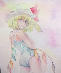 Rule 34 | 1girl, alternate costume, ass, blonde hair, blue one-piece swimsuit, bow, casual one-piece swimsuit, cowboy shot, eyelashes, flandre scarlet, from behind, hand on own chest, hat, hat bow, highres, light smile, looking at viewer, mob cap, one-piece swimsuit, painting (medium), pink background, short hair, side ponytail, solo, swimsuit, touhou, traditional media, watercolor (medium), wings, yellow eyes, yuyu (00365676)