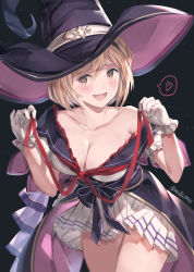 Rule 34 | 1girl, bad id, bad pixiv id, black background, blonde hair, blush, breasts, brown eyes, cleavage, djeeta (granblue fantasy), granblue fantasy, hat, heart, highres, looking at viewer, medium breasts, milli little, open mouth, short hair, smile, solo, spoken heart, witch hat