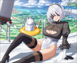 Rule 34 | 1girl, 2b (nier:automata), beach, black gloves, black hairband, blindfold, blush, boots, breasts, cleavage, cleavage cutout, clothing cutout, cloud, cloudy sky, covered navel, feet out of frame, gloves, hairband, high heel boots, high heels, highres, horizon, innertube, k.pumpkin, knee up, large breasts, leotard, lips, long sleeves, mole, mole under mouth, nier:automata, nier (series), ocean, parted lips, pod (nier:automata), robot, shadow, short hair, sitting, skindentation, sky, smile, sunglasses, sunlight, swim ring, teeth, thigh boots, thighhighs, towel, water, white hair