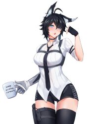 Rule 34 | 1girl, absurdres, ahoge, animal ear fluff, animal ears, bandages, black hair, black shorts, black thighhighs, blue eyes, blush, chest harness, choker, collared shirt, commission, cup, fingerless gloves, gloves, harness, highres, holding, holding cup, kisu, looking at viewer, mechanical arms, mug, necktie, rd (ardeee), shirt, shorts, single mechanical arm, thighhighs, vrchat, white shirt, wolf ears
