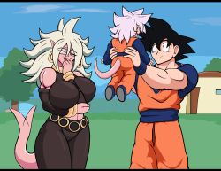 Rule 34 | 1girl, alternate costume, android 21, black hair, breasts, child, colored skin, dougi, dragon ball, dragon ball fighterz, droll3, earrings, closed eyes, family, glasses, happy, hetero, highres, if they mated, jewelry, large breasts, lifting person, long hair, majin android 21, outdoors, pink skin, smile, son goku, spiked hair, standing, tail, white hair