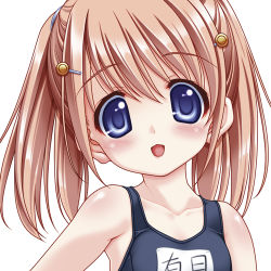 Rule 34 | 1girl, arizuki shiina, artist request, bare shoulders, blue eyes, blush, brown hair, collarbone, female focus, hair ornament, hairclip, kud wafter, little busters!, looking at viewer, lowres, one-piece swimsuit, open mouth, portrait, quad tails, school swimsuit, shiny skin, short hair, simple background, smile, solo, swimsuit, white background