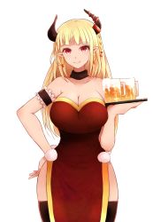Rule 34 | 1girl, alcohol, arano oki, beer, blonde hair, breasts, china dress, chinese clothes, copyright request, dress, earrings, highres, horns, jewelry, large breasts, pointy ears, solo, thighhighs, tray