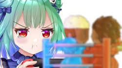 Rule 34 | 1girl, :t, absurdres, blue shirt, blurry, blurry foreground, blush, boxing, boxing ring, commentary request, controller, detached sleeves, double bun, furrowed brow, game controller, green hair, hair bun, hair ornament, hair ribbon, high collar, highres, holding, holding controller, holding game controller, hololive, kyouwashi, nintendo switch, pout, red eyes, ribbon, shirt, short hair, simple background, skull hair ornament, solo, tearing up, toy, upper body, uruha rushia, uruha rushia (1st costume), virtual youtuber, white background