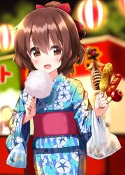 1girl :d anima_yell! bag bagged_fish blue_kimono blurry blurry_background blush brown_eyes brown_hair candy_apple commentary_request corn corn_dog cotton_candy cowboy_shot fish floral_print floral_print_kimono food hair_between_eyes highres holding holding_food japanese_clothes kimono long_sleeves looking_at_viewer open_mouth outdoors print_kimono red_sash ruu_(tksymkw) sash short_hair smile solo tatejima_kotetsu wide_sleeves