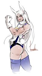 Rule 34 | 1girl, :d, animal ears, ass, bare shoulders, biceps, blush, boku no hero academia, bowalia, clenched hand, clothing cutout, covered navel, crescent print, cropped legs, dark-skinned female, dark skin, flexing, from side, fur collar, gloves, hair between eyes, hand on own hip, highleg, highleg leotard, highres, leotard, long eyelashes, long hair, looking at viewer, mirko, muscular, muscular female, open mouth, parted bangs, purple thighhighs, rabbit ears, rabbit girl, rabbit tail, red eyes, signature, sleeveless turtleneck leotard, smile, solo, tail, tail through clothes, taut leotard, thighhighs, thighs, twisted torso, very long hair, white background, white gloves, white hair, white leotard