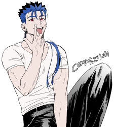 Rule 34 | 1boy, 5 horulu, bad id, bad twitter id, black pants, blue hair, cu chulainn (fate), cu chulainn (fate/stay night), cunnilingus gesture, earrings, english text, fate/stay night, fate (series), jewelry, knee up, long hair, looking at viewer, male focus, muscular, muscular male, open mouth, pants, ponytail, red eyes, shirt, short sleeves, simple background, smile, solo, spiked hair, t-shirt, tongue, tongue out, veins, white background
