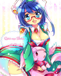 Rule 34 | 10s, 1girl, blue eyes, blue hair, blush, breasts, cardfight!! vanguard, chigo, cleavage, cleavage cutout, clothing cutout, face, flogal, frills, gender request, genderswap, glasses, hat, lace, large breasts, looking at viewer, matching hair/eyes, quiet sage sharon, royal paladin, sendou aichi, silent sage sharon, smile, solo, vanguard ride