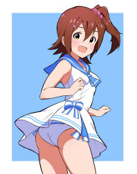 Rule 34 | 1girl, absurdres, ass, blue background, blue neckerchief, blue sailor collar, breasts, brown hair, commentary request, hair between eyes, hair ornament, hairclip, highres, idolmaster, idolmaster million live!, kasuga mirai, light blush, long sleeves, looking at viewer, looking back, neckerchief, nejime (nejimeinu), official alternate costume, open mouth, pink scrunchie, sailor collar, sailor swimsuit (idolmaster), scrunchie, side ponytail, sidelocks, small breasts, smile, solo, thighs, white swimsuit, yellow eyes