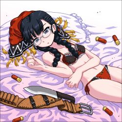 Rule 34 | 1girl, bed, black bra, black hair, blue eyes, bow, bow panties, bra, braid, flat chest, glasses, grimm&#039;s fairy tales, jaggy lines, johnnie, knife, lingerie, little red riding hood, little red riding hood (grimm), lying, oekaki, on back, panties, red panties, shotgun shell, side-tie panties, solo, twintails, underwear, underwear only